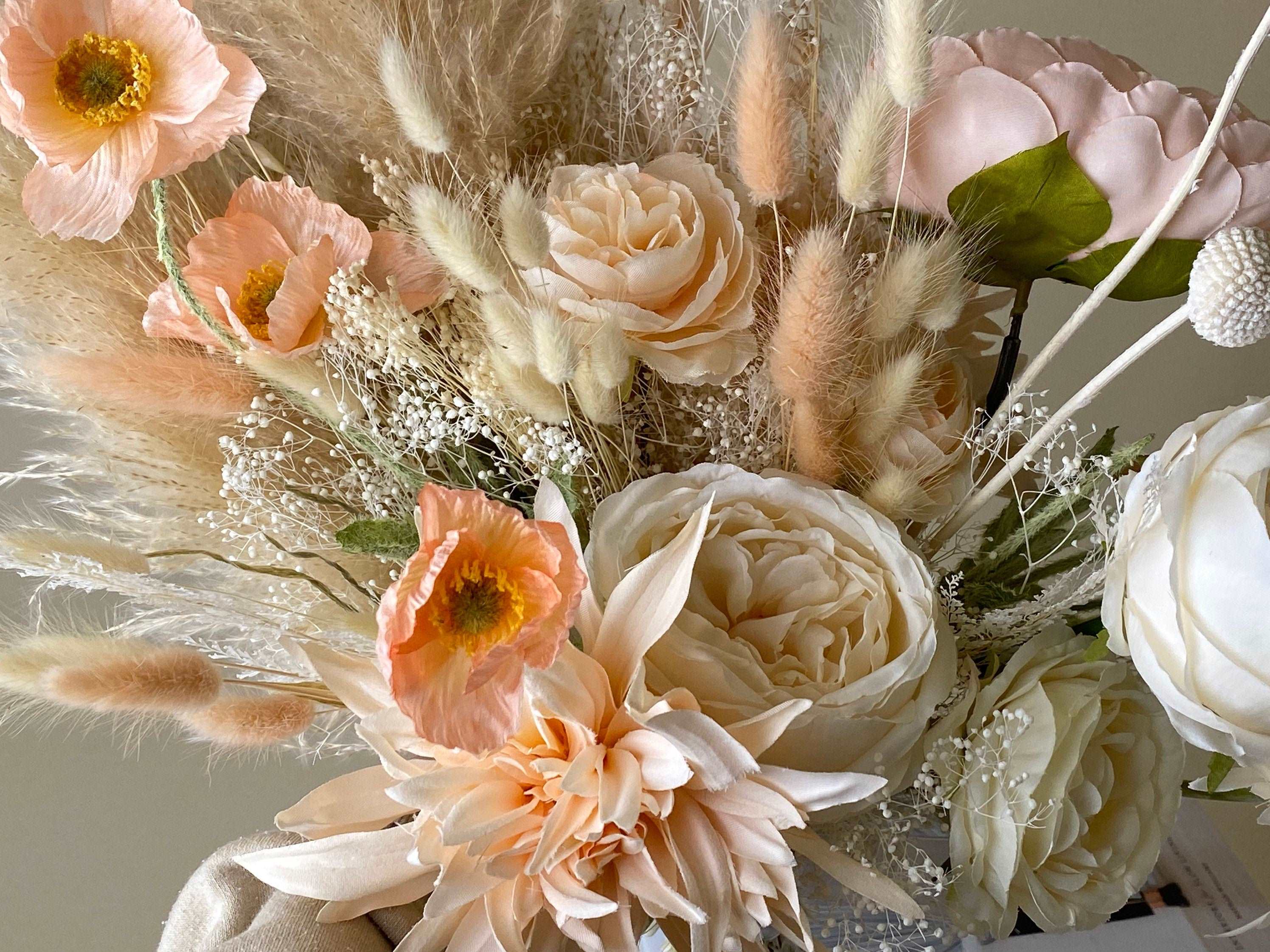 Dried & Artificial Flowers Vase Arrangement - Sandy Cream & Peach