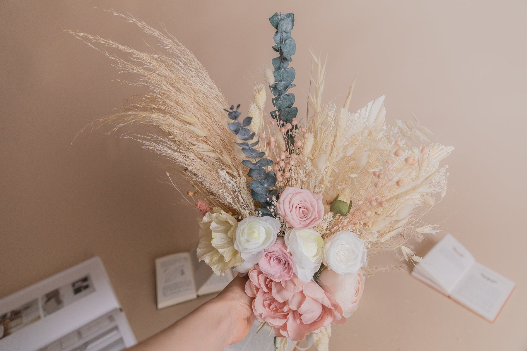 Dried & Artificial Flowers Vase Arrangement - Sandy Cream & Pink