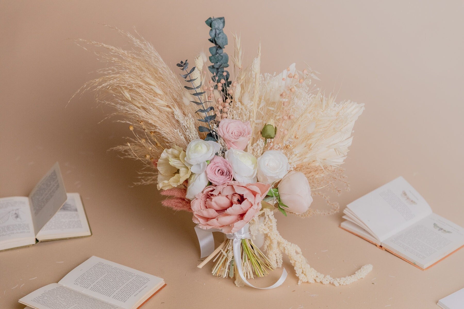 Dried & Artificial Flowers Vase Arrangement - Sandy Cream & Pink