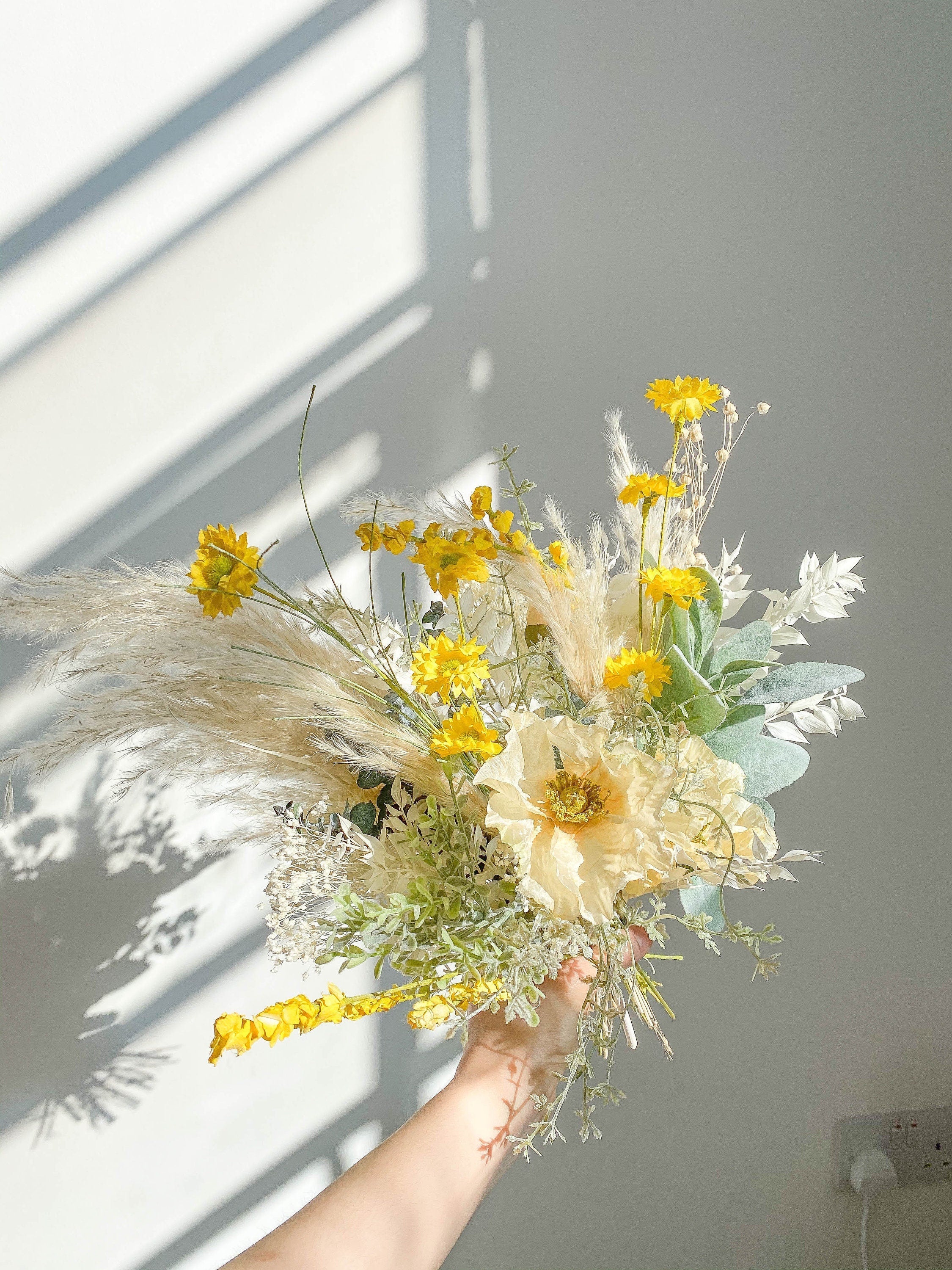 Dried & Artificial Flowers Vase Arrangement - Spring Yellow & Green