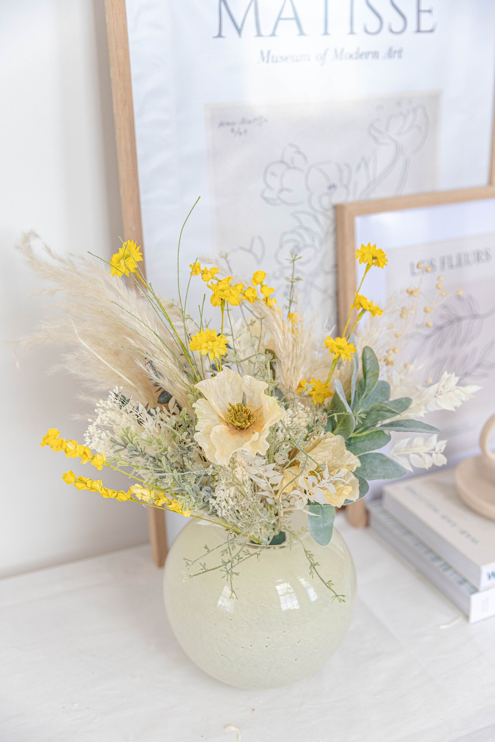 Dried & Artificial Flowers Vase Arrangement - Spring Yellow & Green