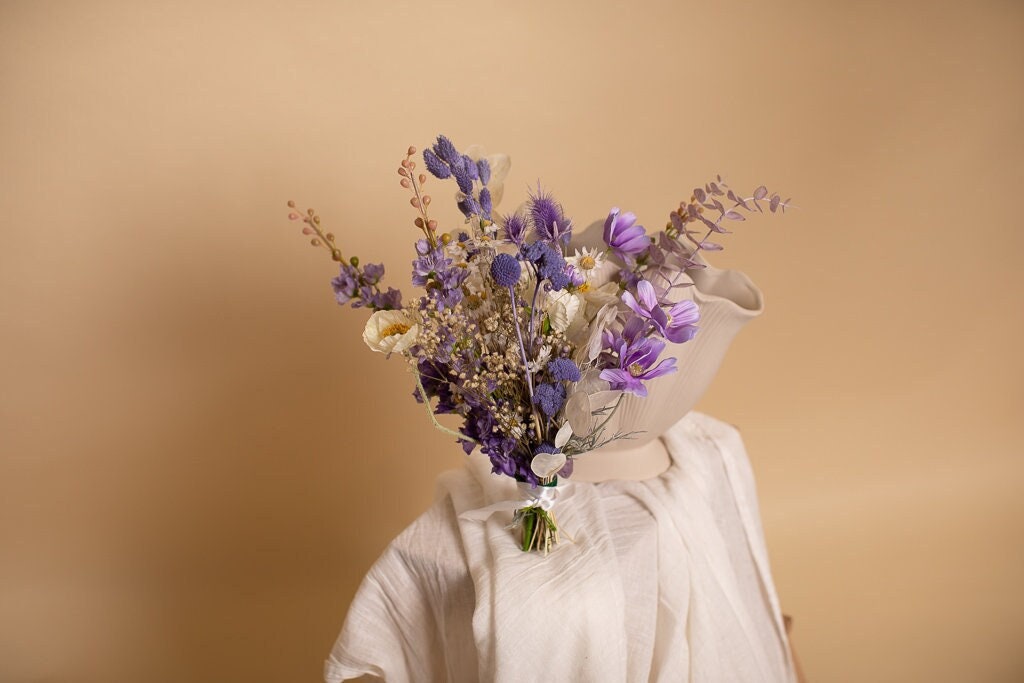 Dried & Artificial Flowers Vase Arrangement - Very Peri Purple & Cream