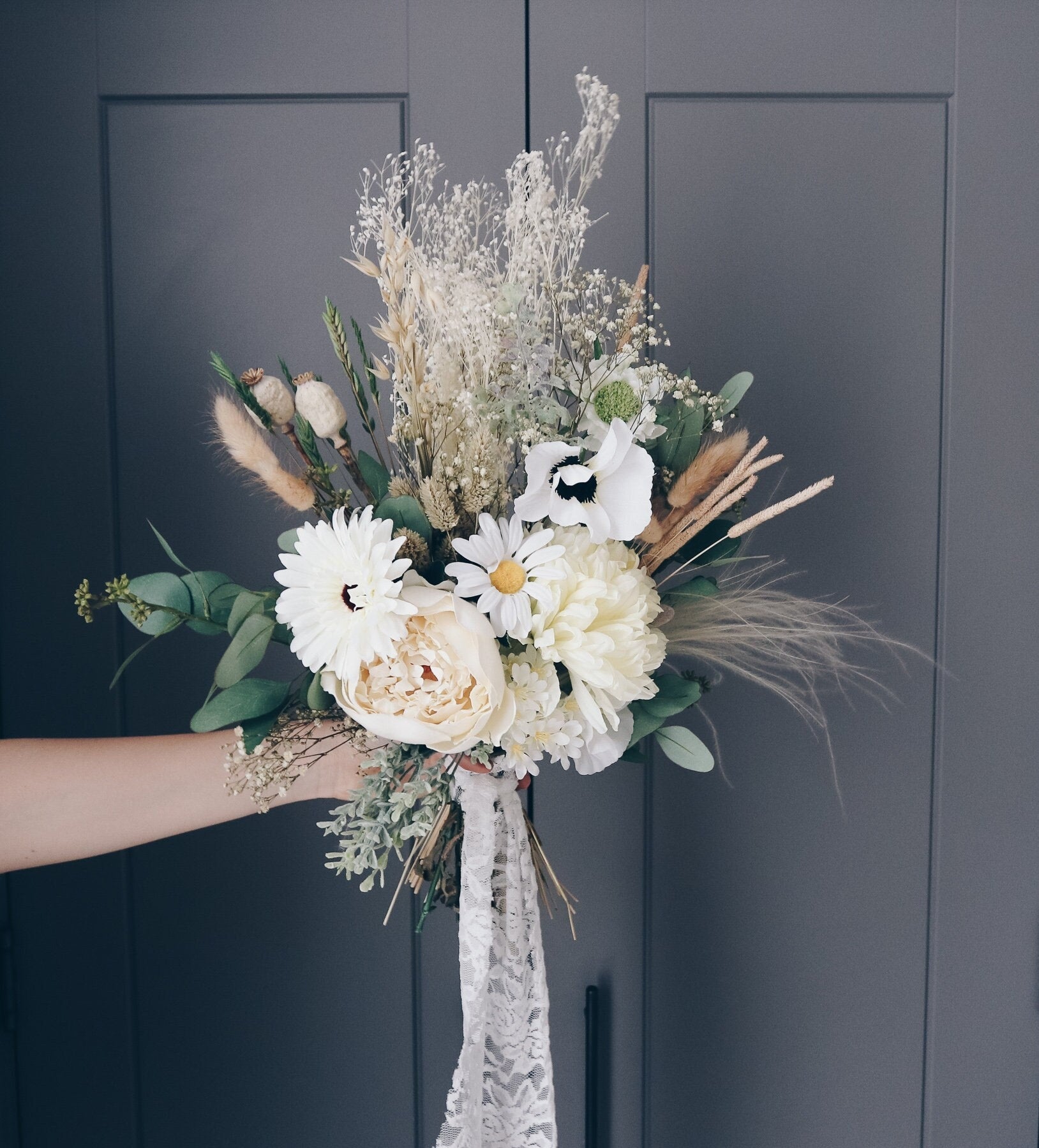 Dried & Artificial Flowers Vase Arrangement - Vintage White & Green