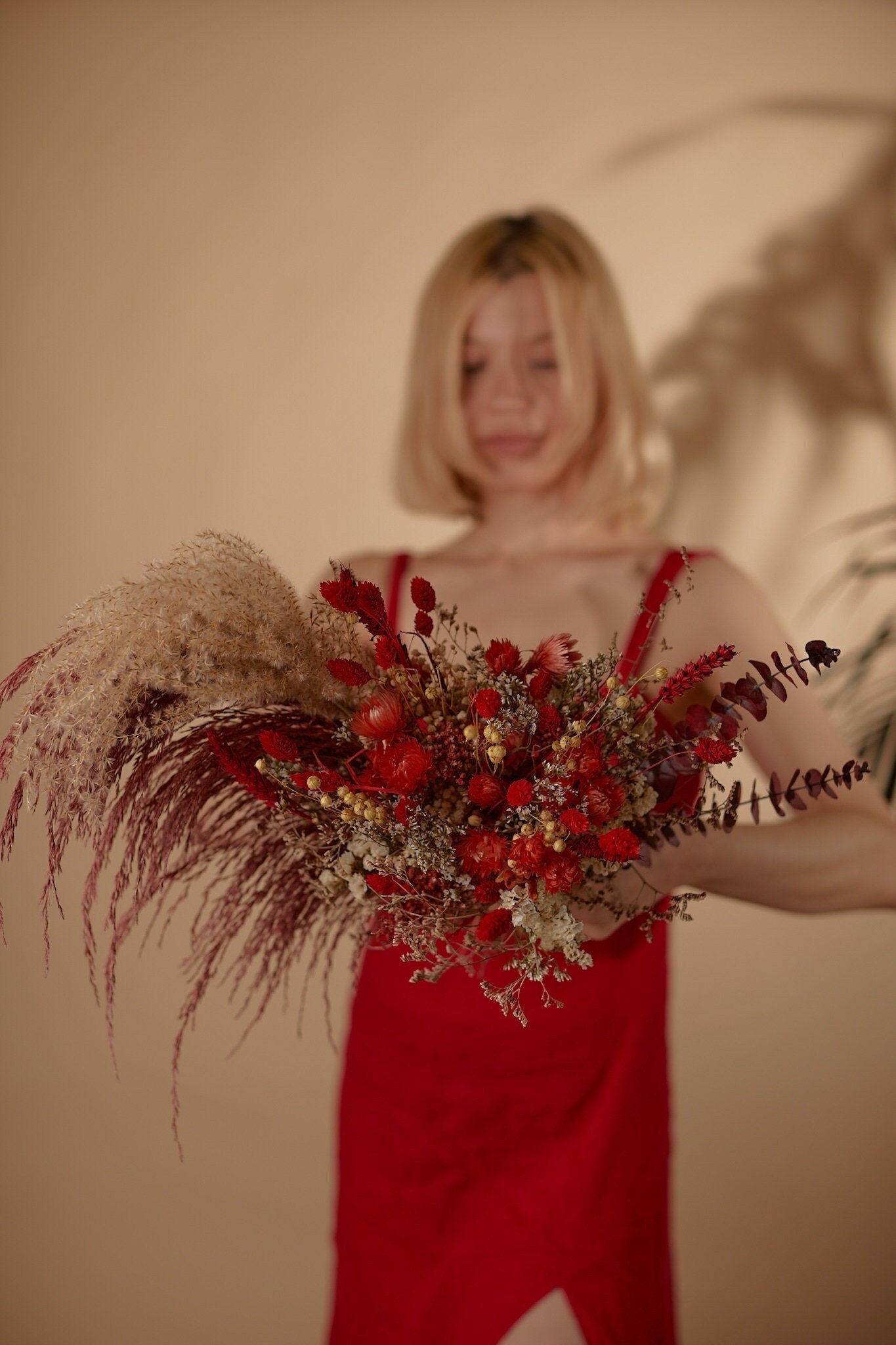 Dried Flowers Vase Arrangement - Autumn Red & Brown