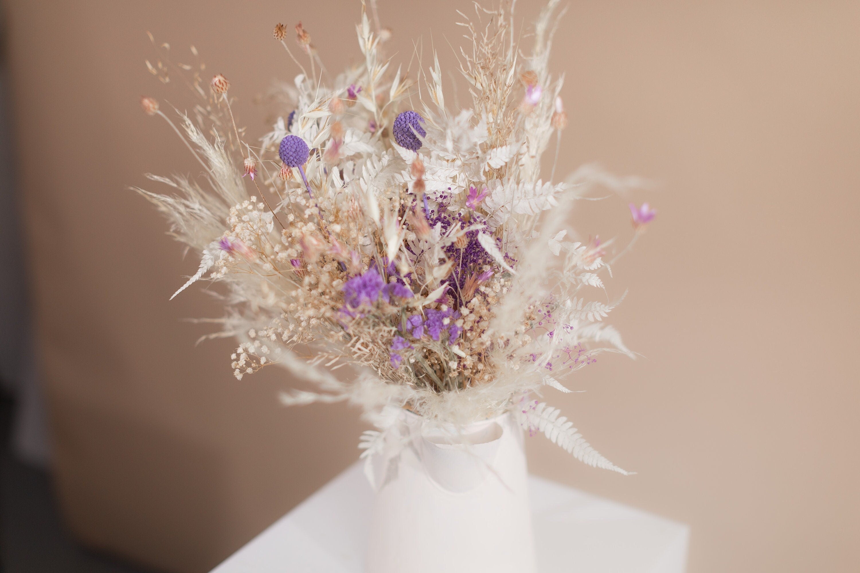 Dried Flowers Vase Arrangement - Bleached White & Purple