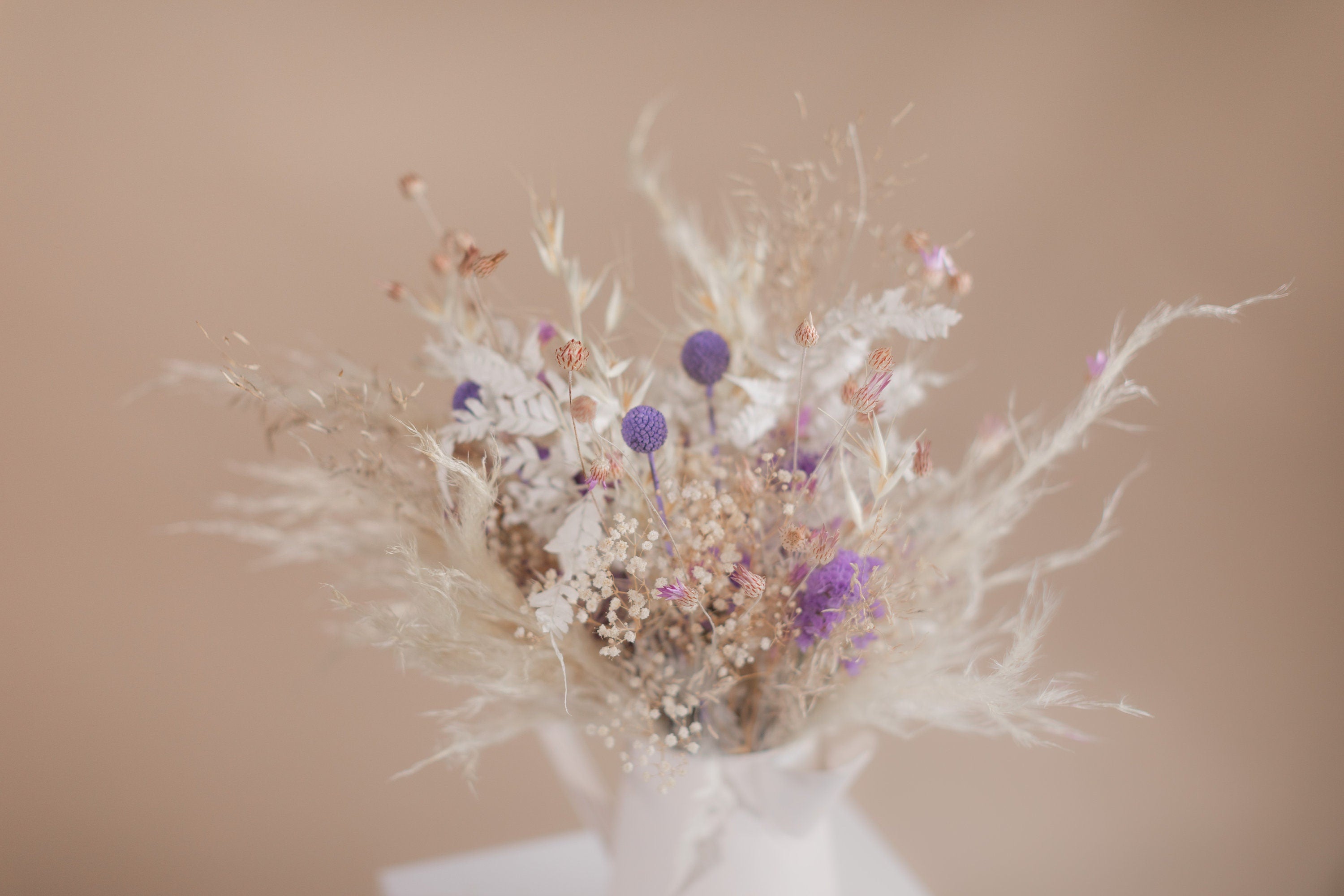 Dried Flowers Vase Arrangement - Bleached White & Purple