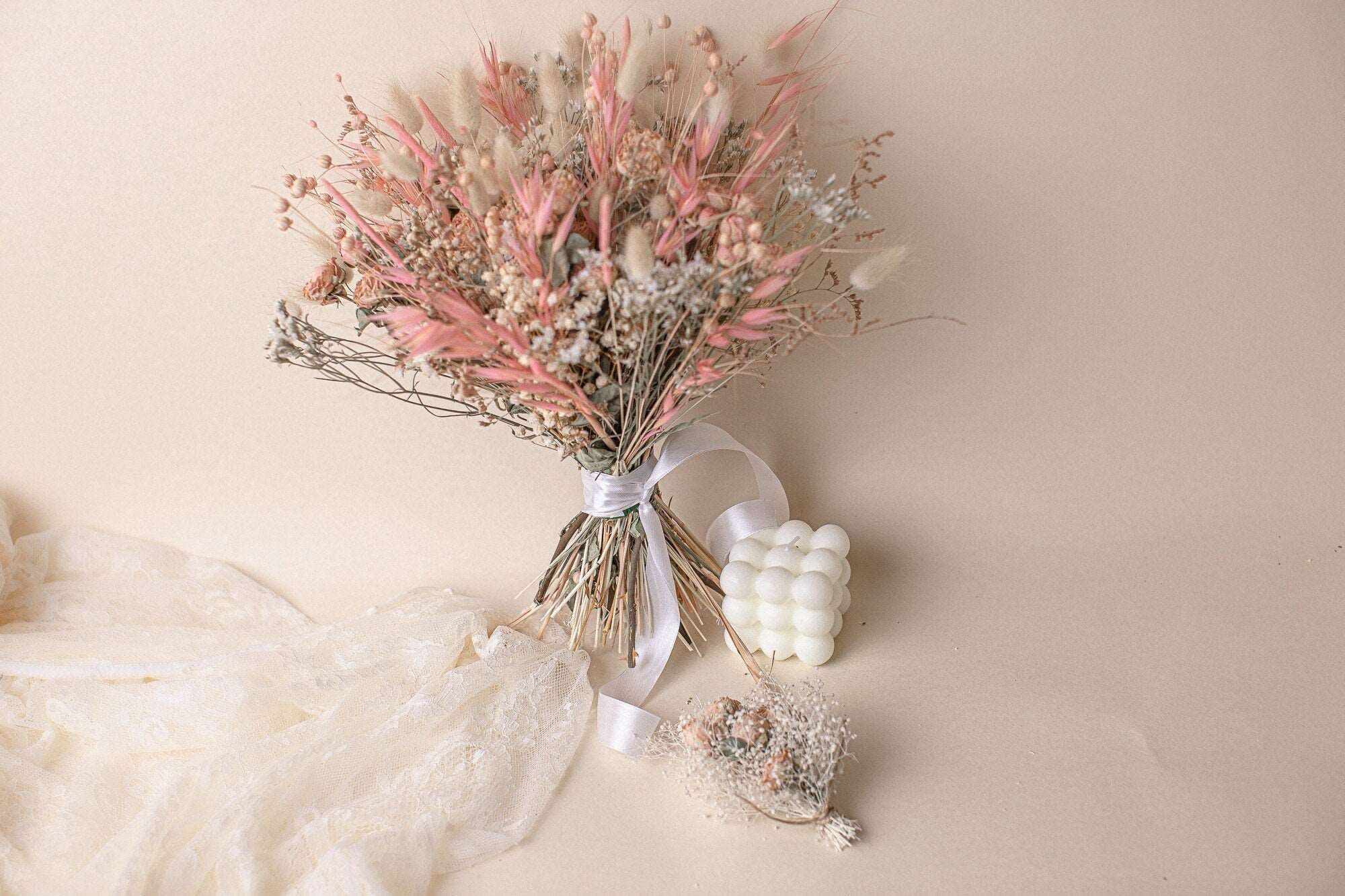 Dried Flowers Vase Arrangement - Blush Pink & White