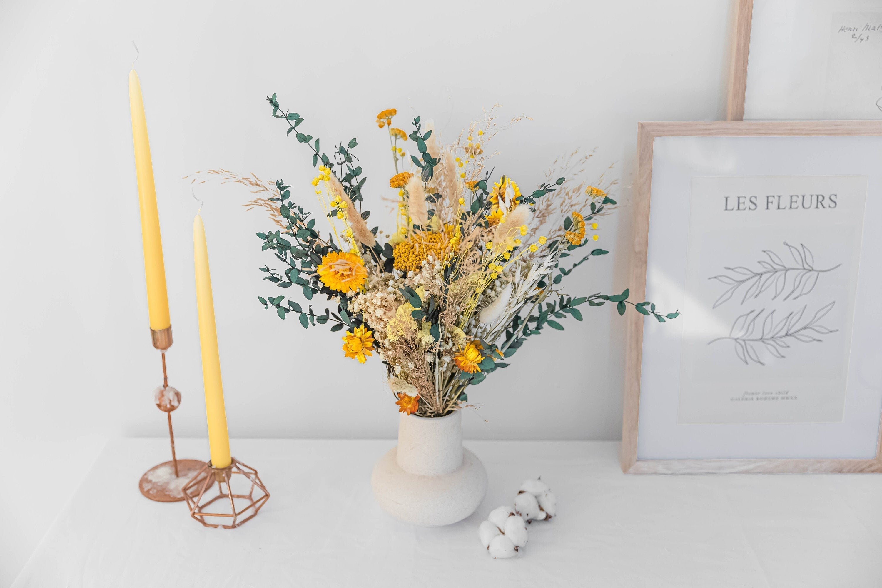 Dried Flowers Vase Arrangement - Bright Yellow & Green