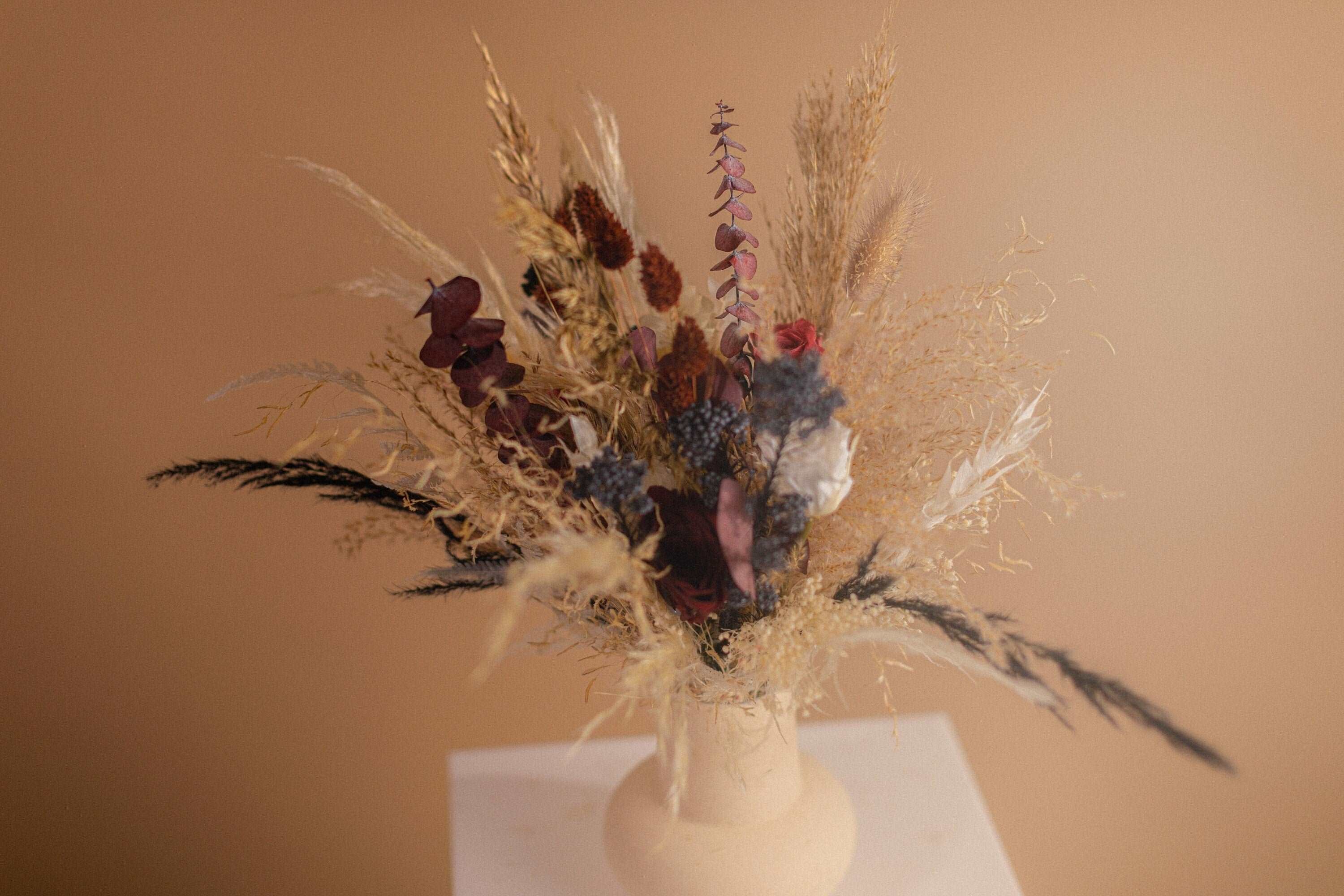 Dried Flowers Vase Arrangement - Burgundy Red & Cream