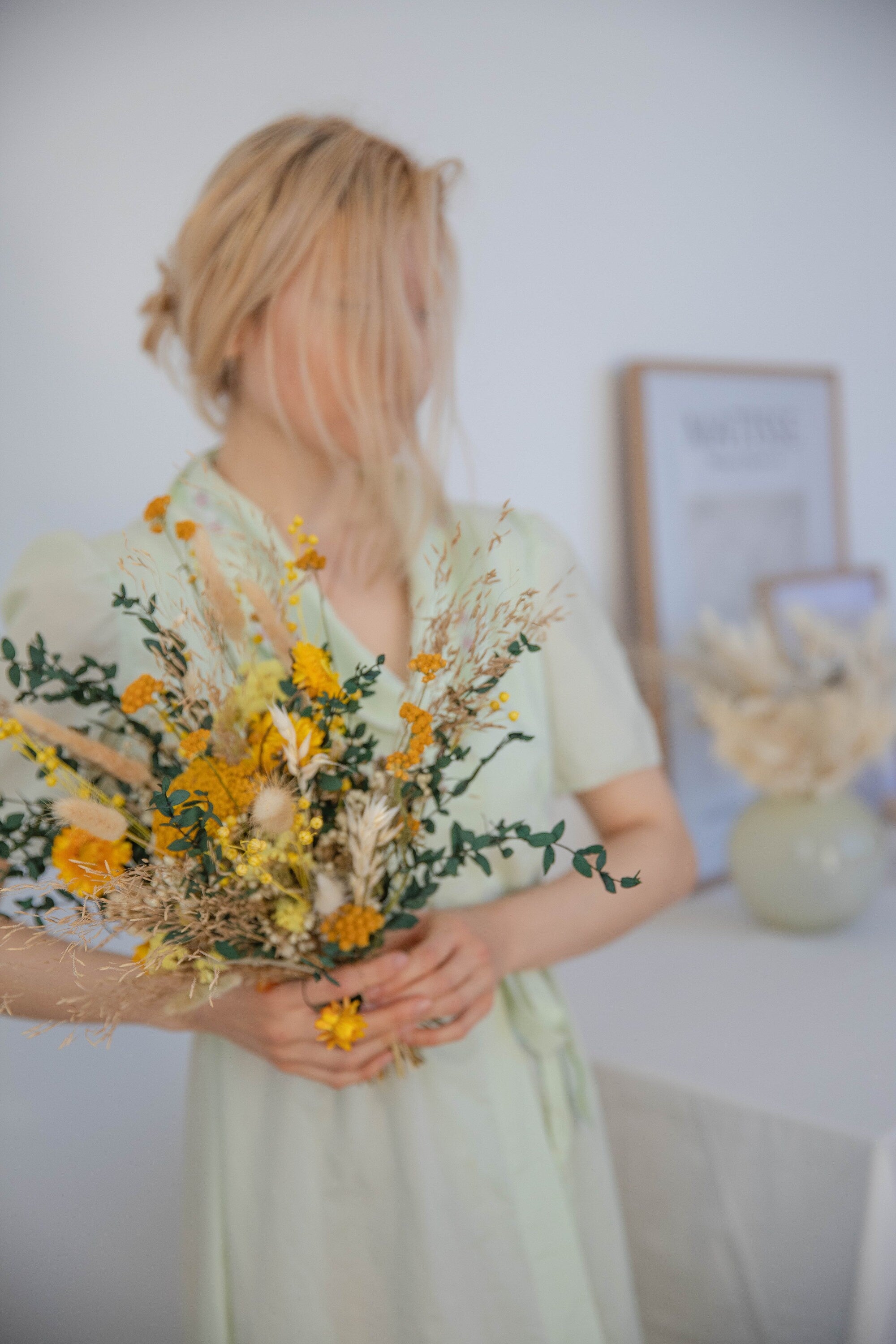 Dried Flowers Vase Arrangement - Bright Yellow & Green