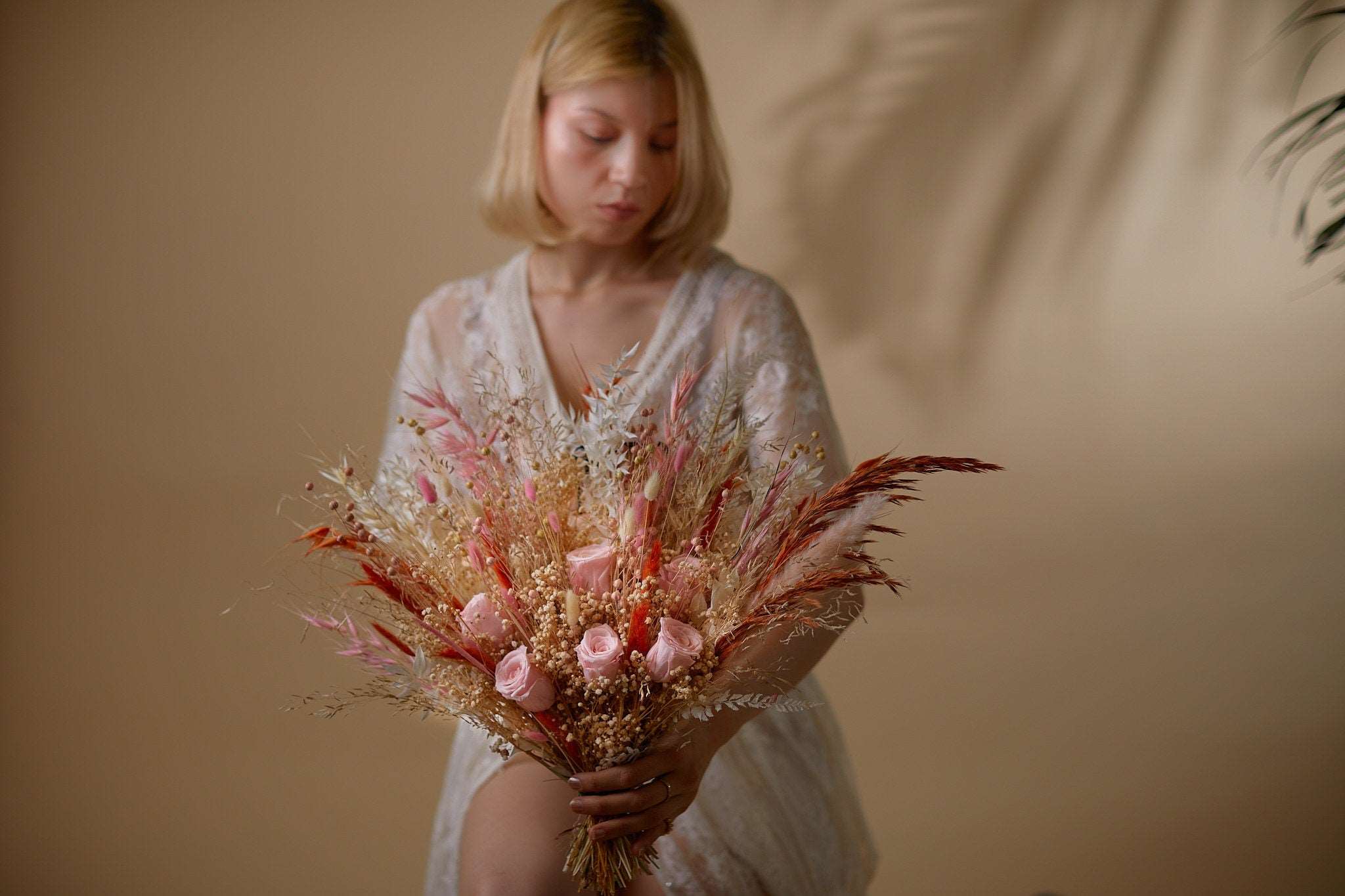 Dried Flowers Vase Arrangement - Burnt Orange & Pink