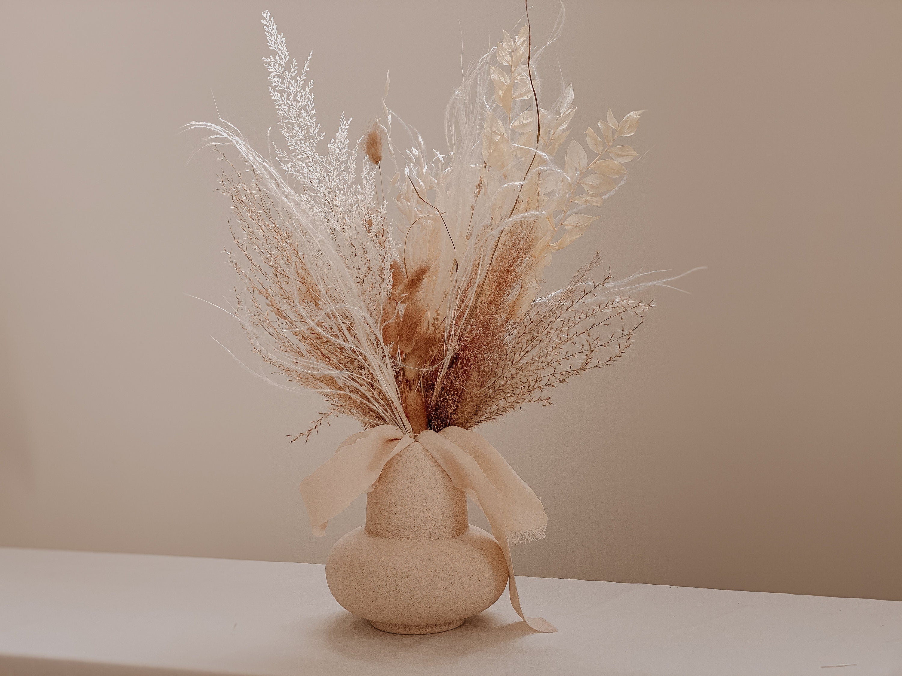 Dried Flowers Vase Arrangement - Cream Beige & White