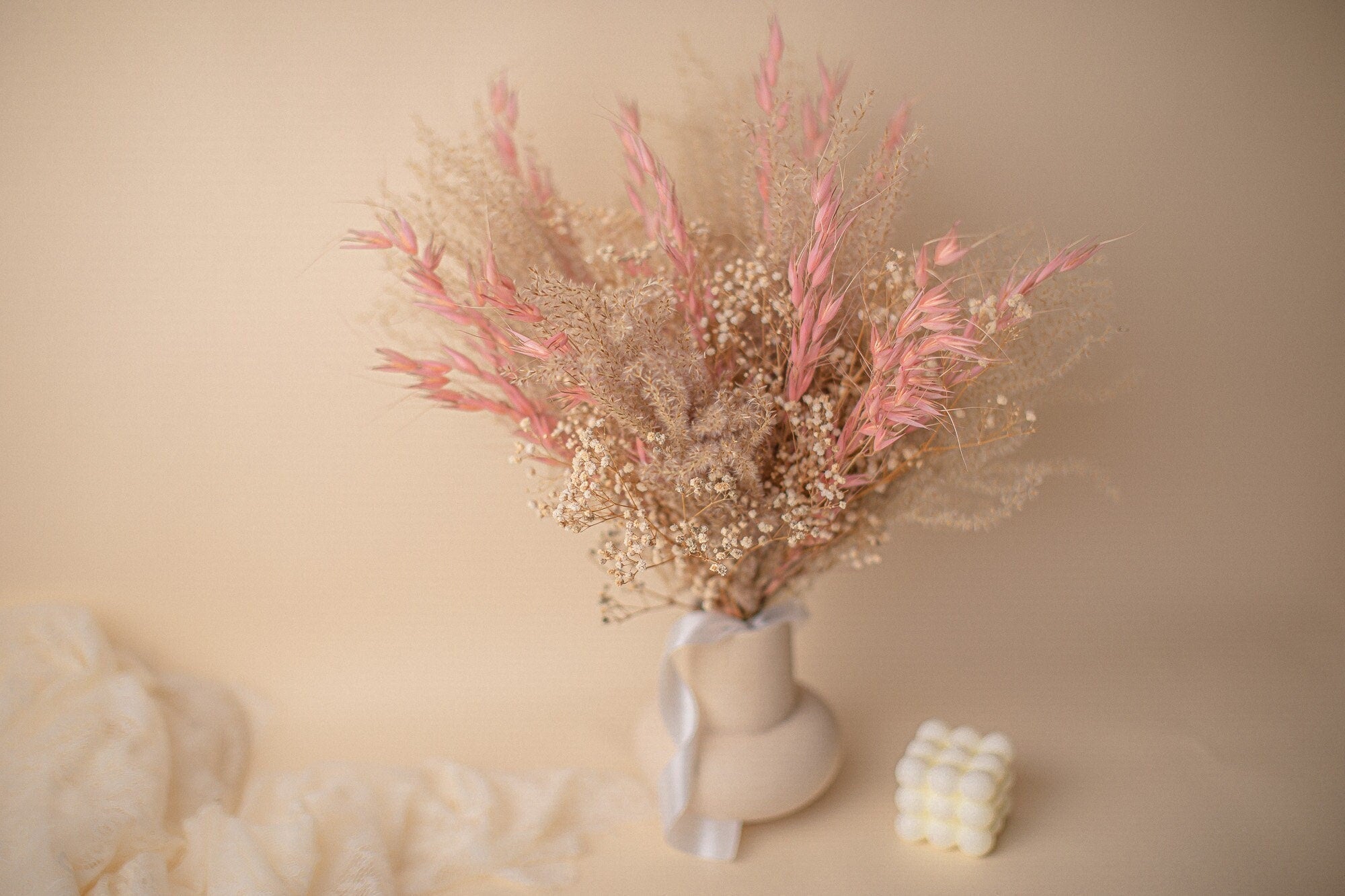 Dried Flowers Vase Arrangement - Dusky Pink & Cream