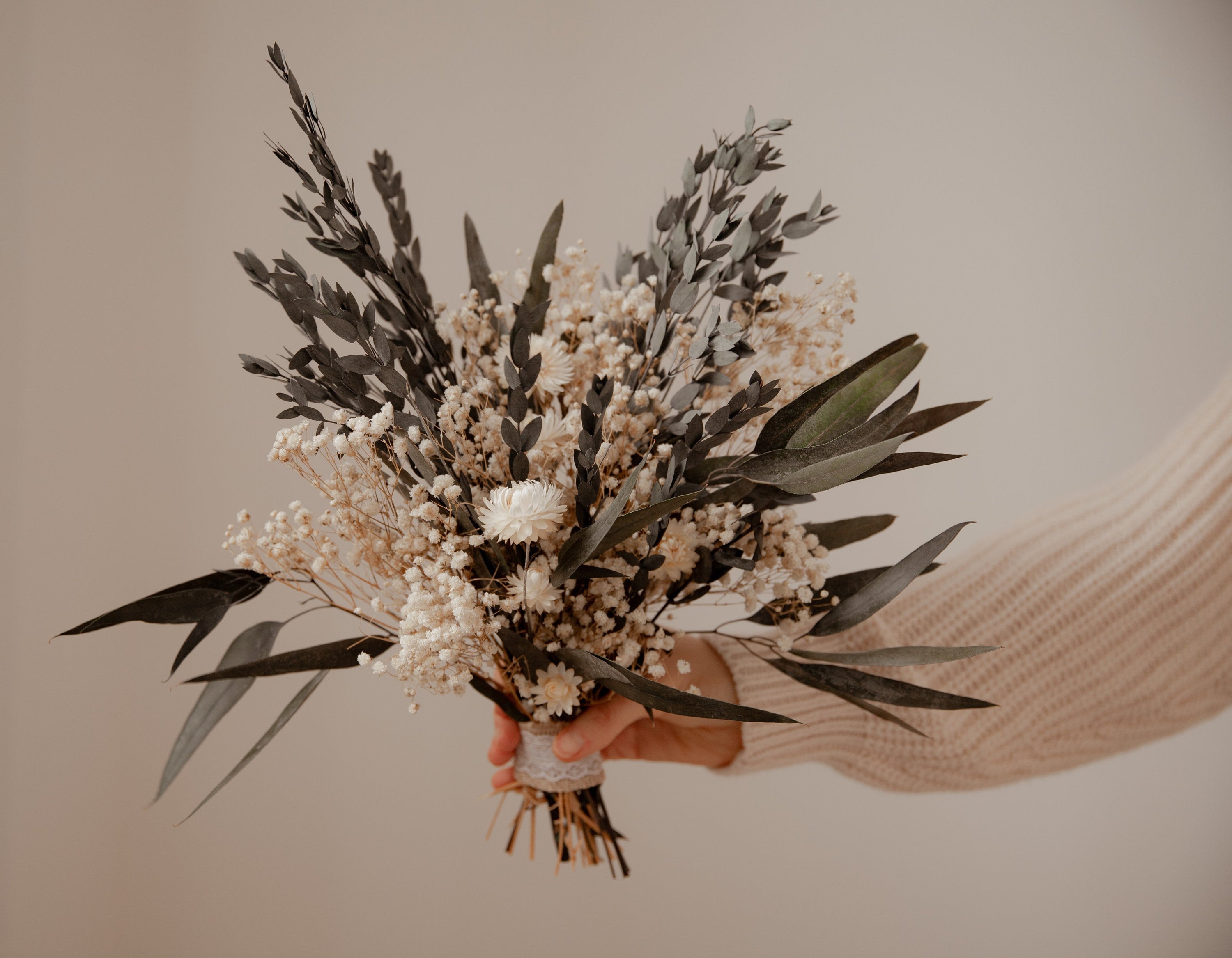 Dried Flowers Vase Arrangement - Eucalyptus Green & Cream