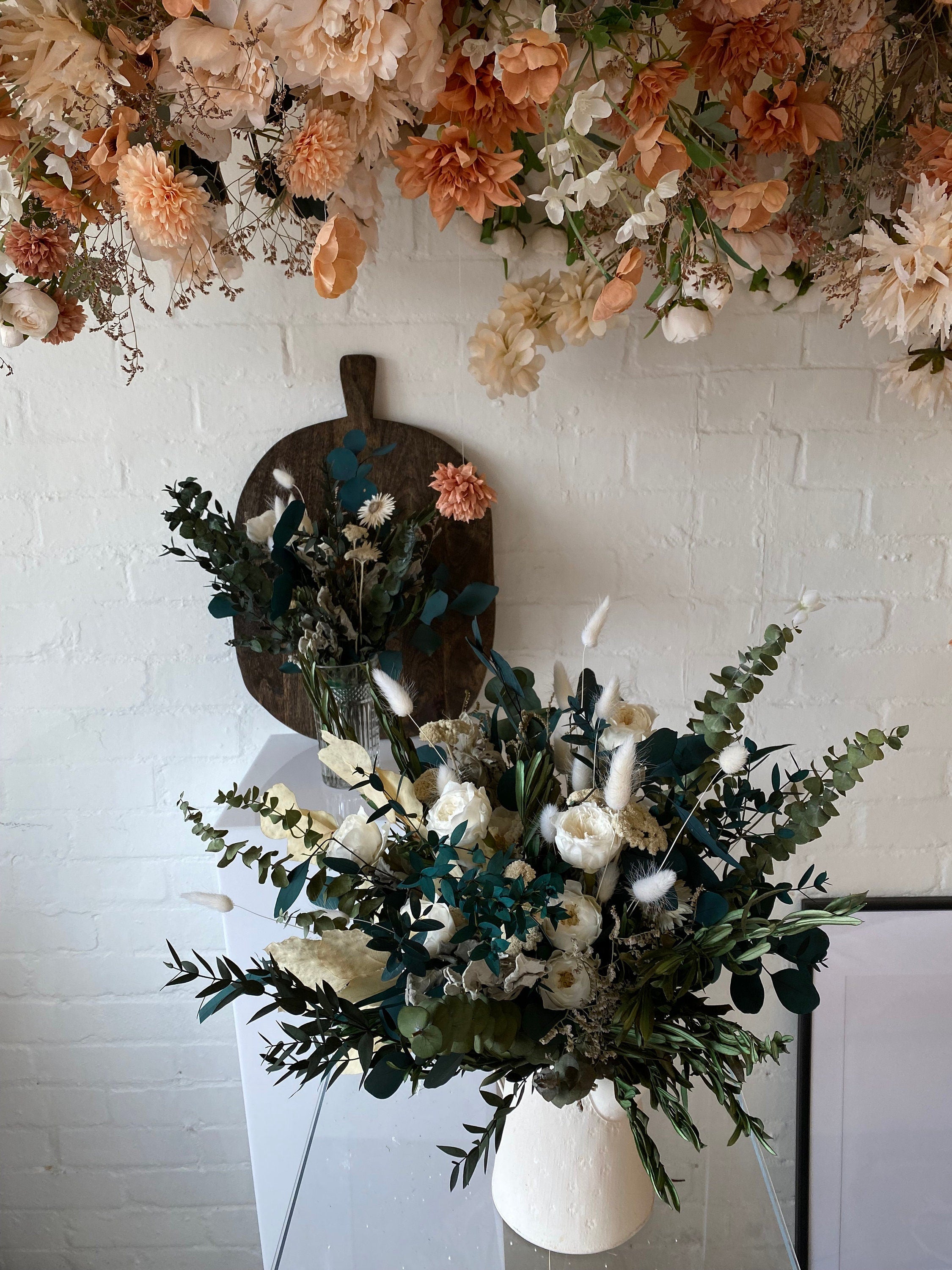 Dried Flowers Vase Arrangement - Forest Green & White