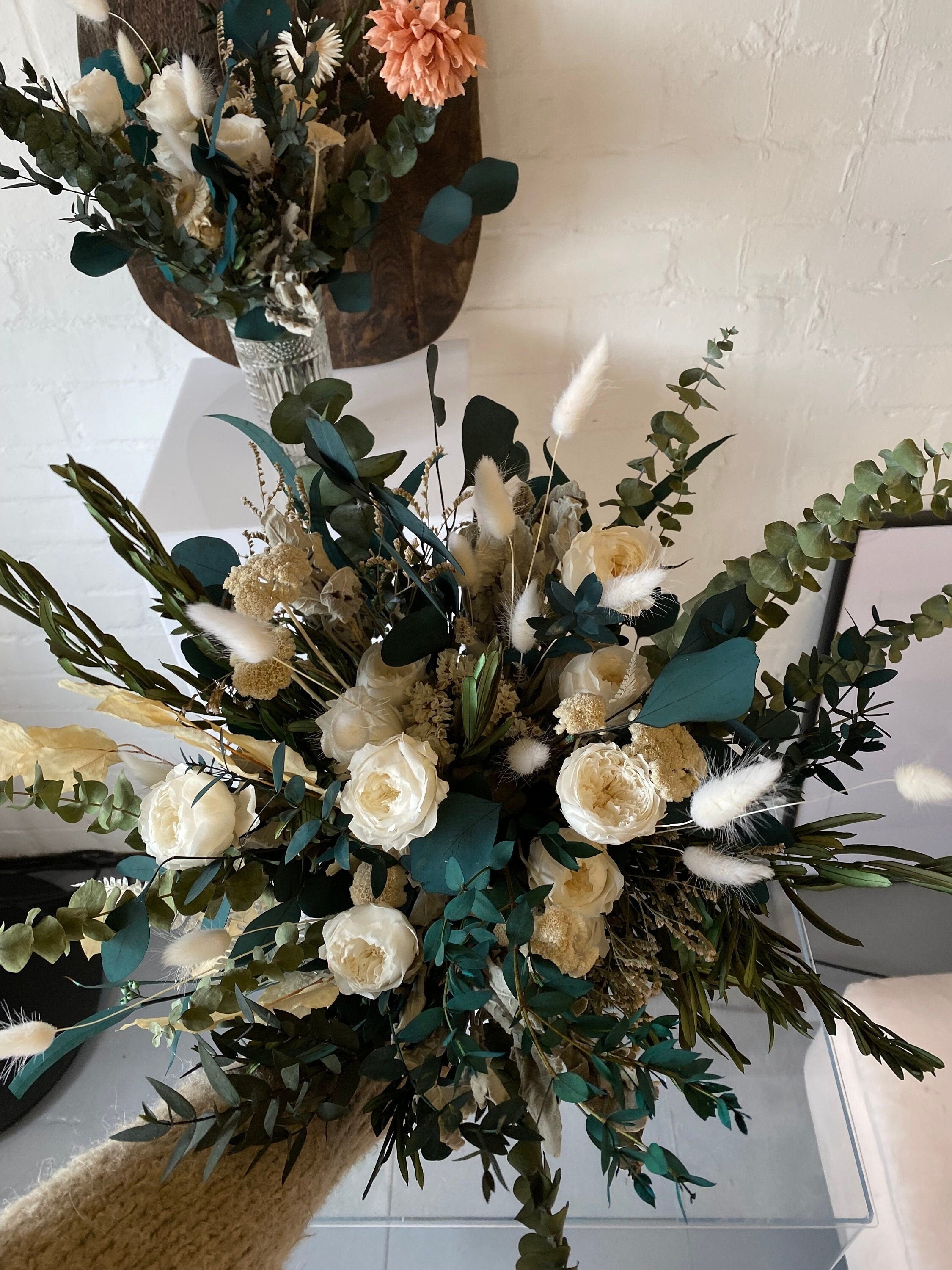 Dried Flowers Vase Arrangement - Forest Green & White