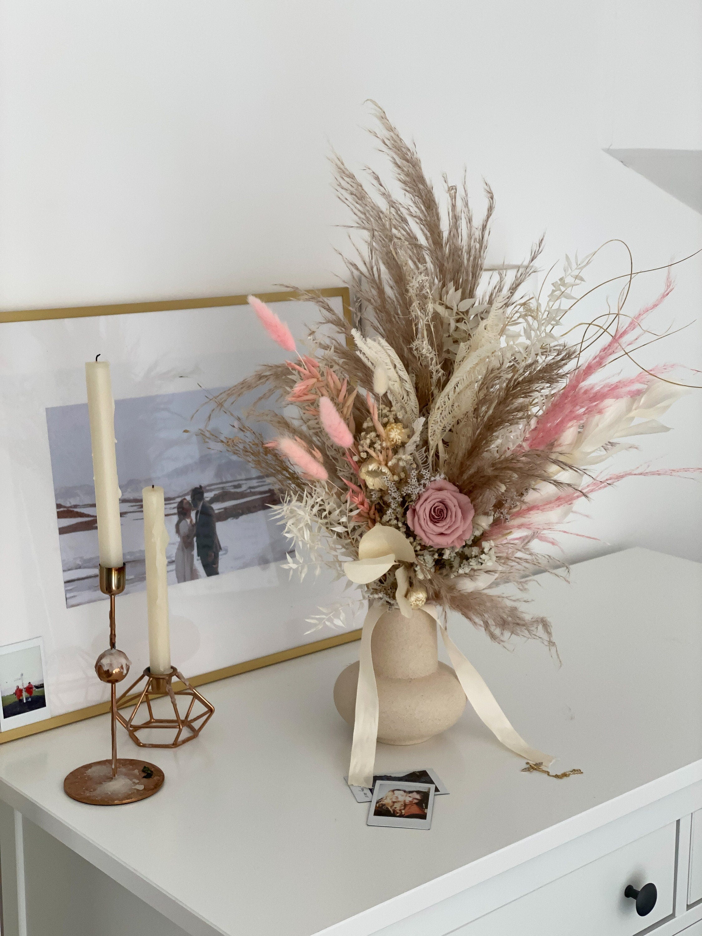 Dried Flowers Vase Arrangement - Sandy Cream & Blush Pink