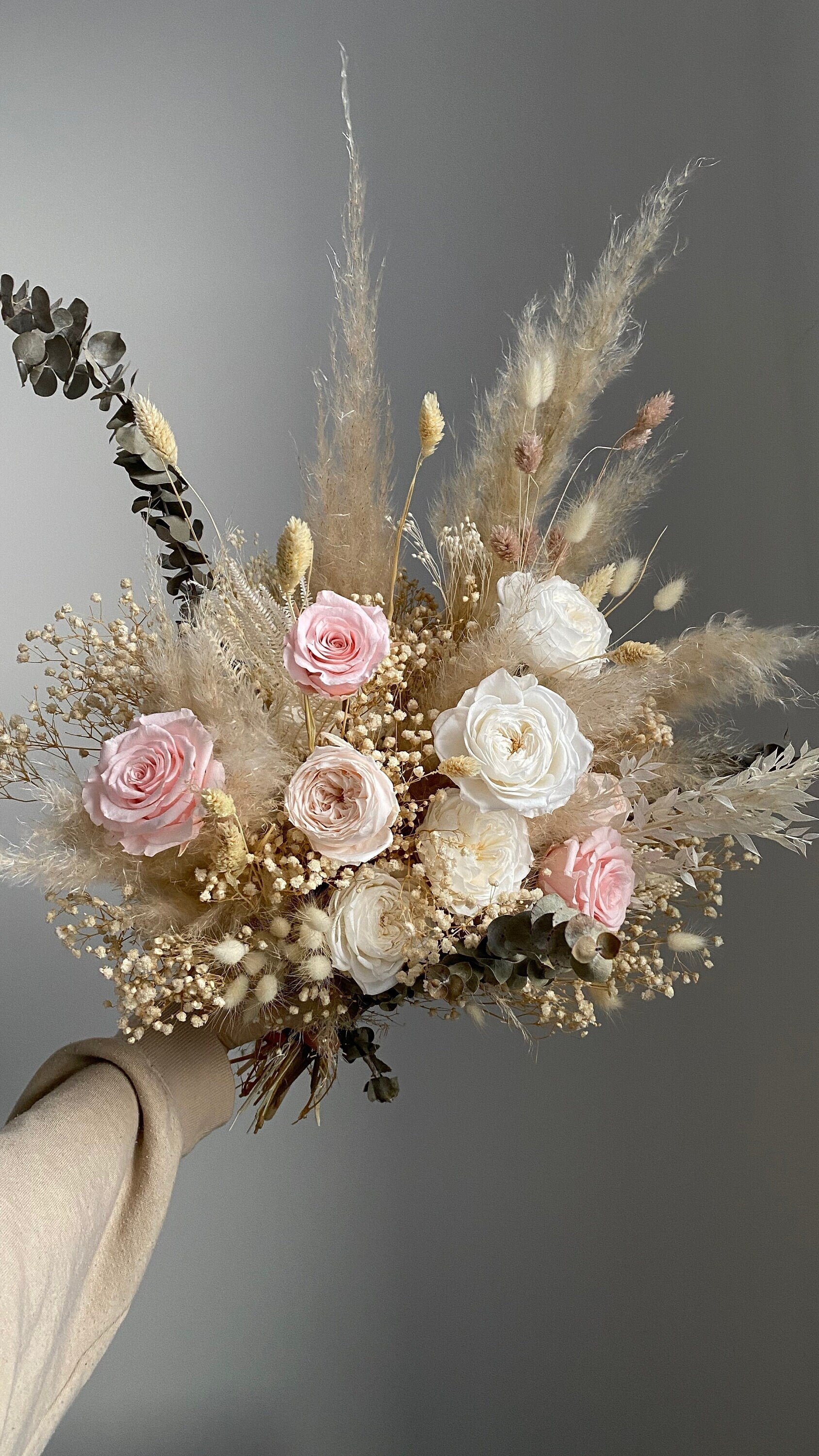 Dried Flowers Vase Arrangement - Sandy Cream & Pastel Pink