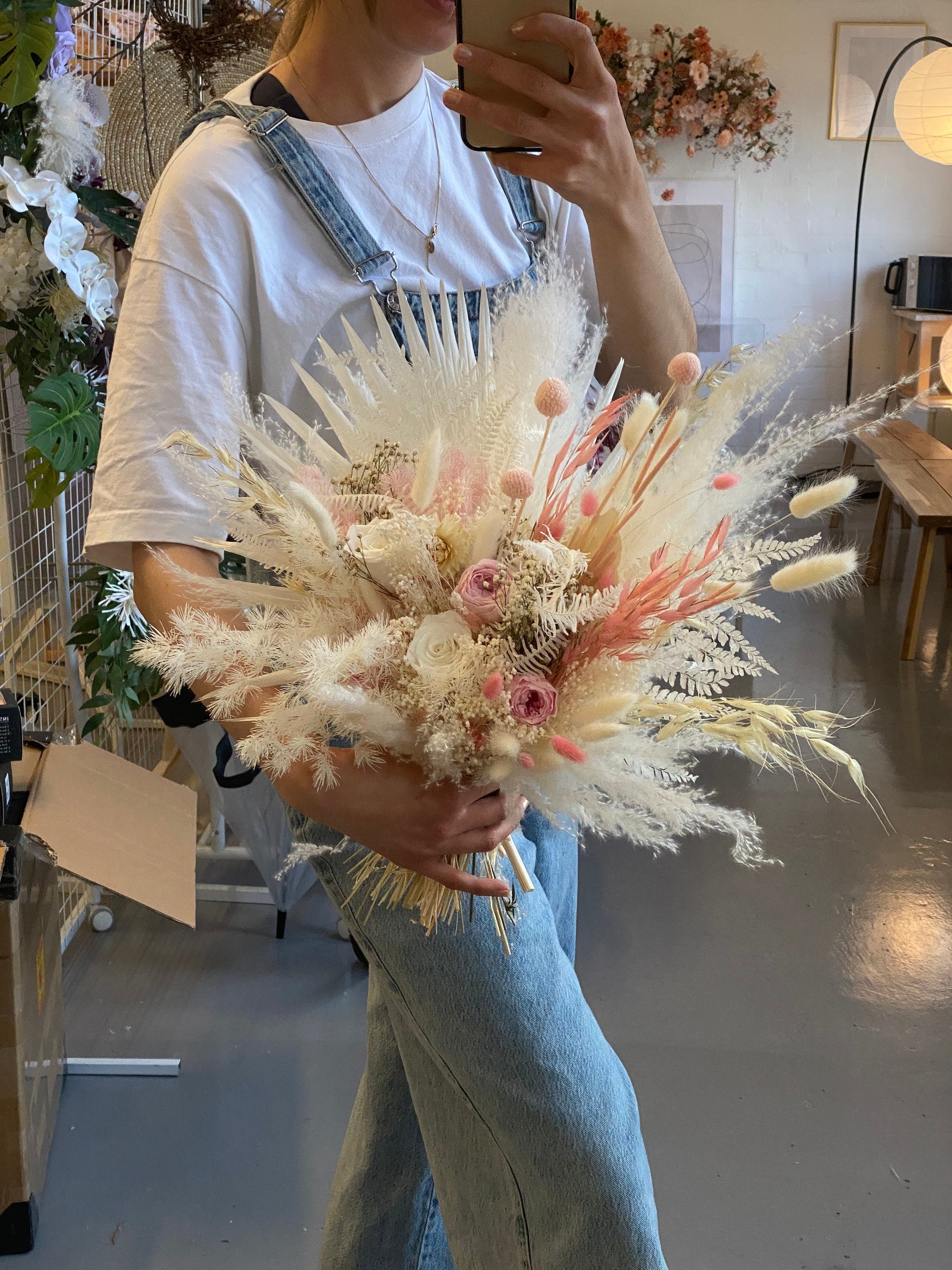 Dried Flowers Vase Arrangement - Sandy Cream & Pink