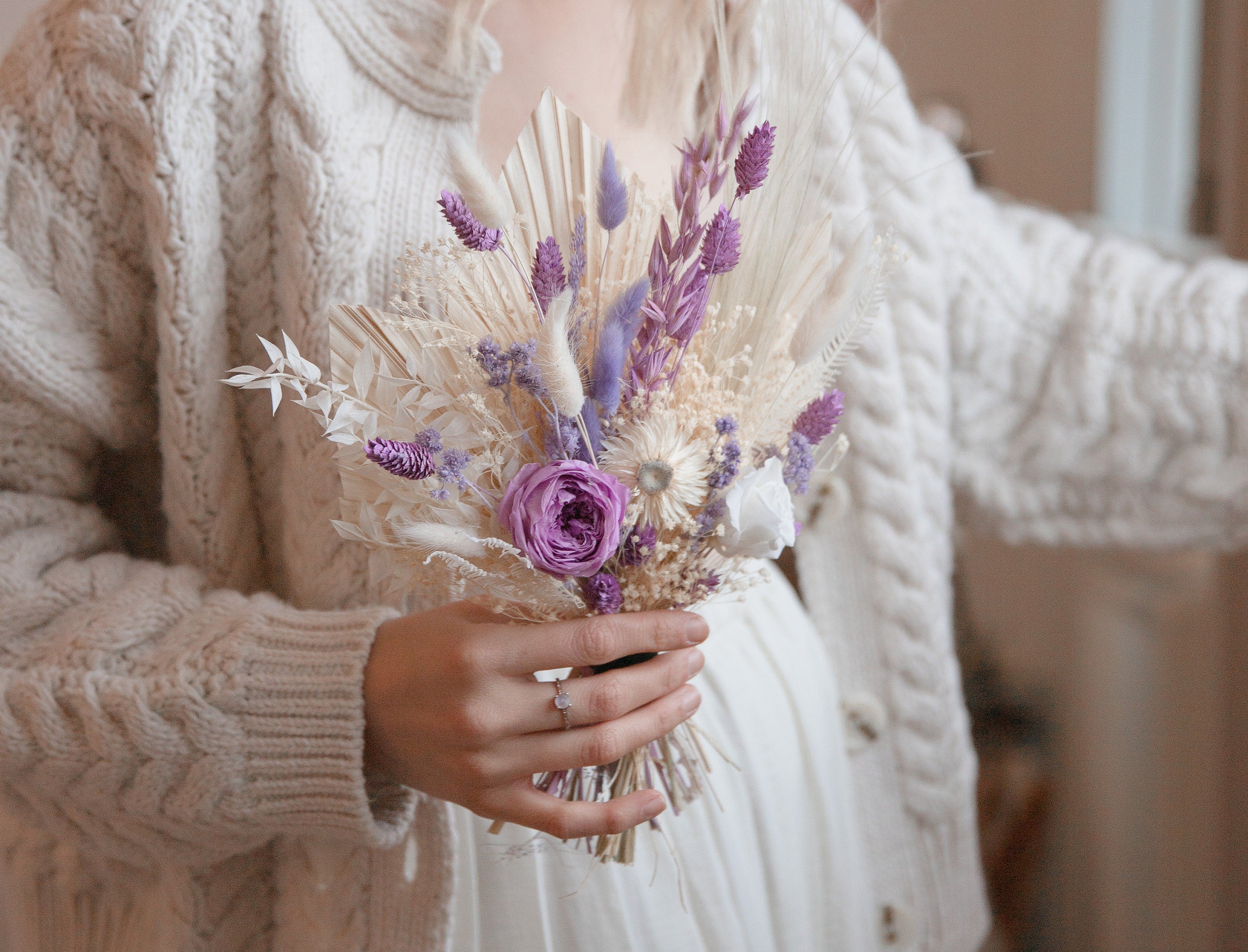 Dried Flowers Vase Arrangement - Sandy Cream & Purple No. 1