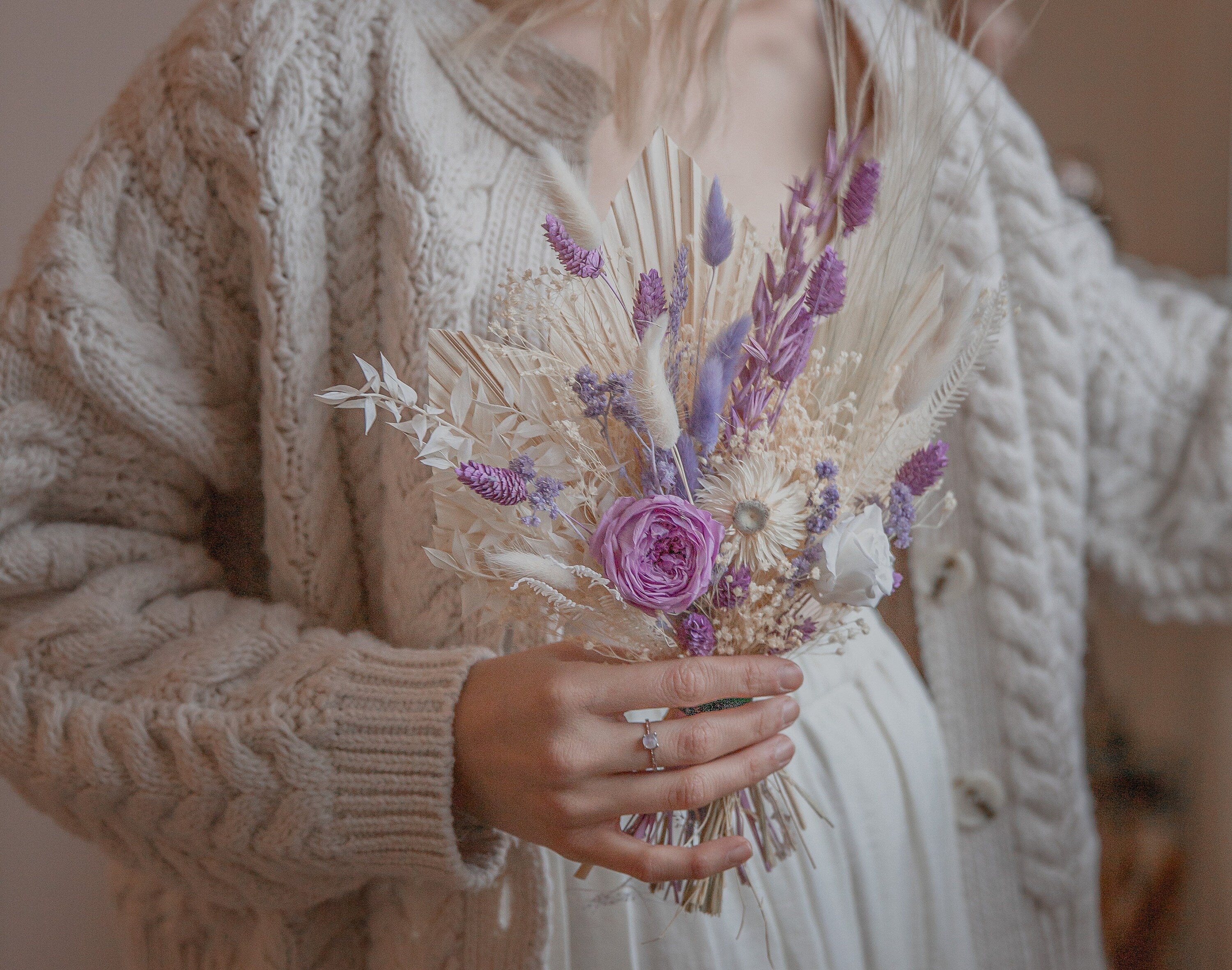 Dried Flowers Vase Arrangement - Sandy Cream & Purple No. 1