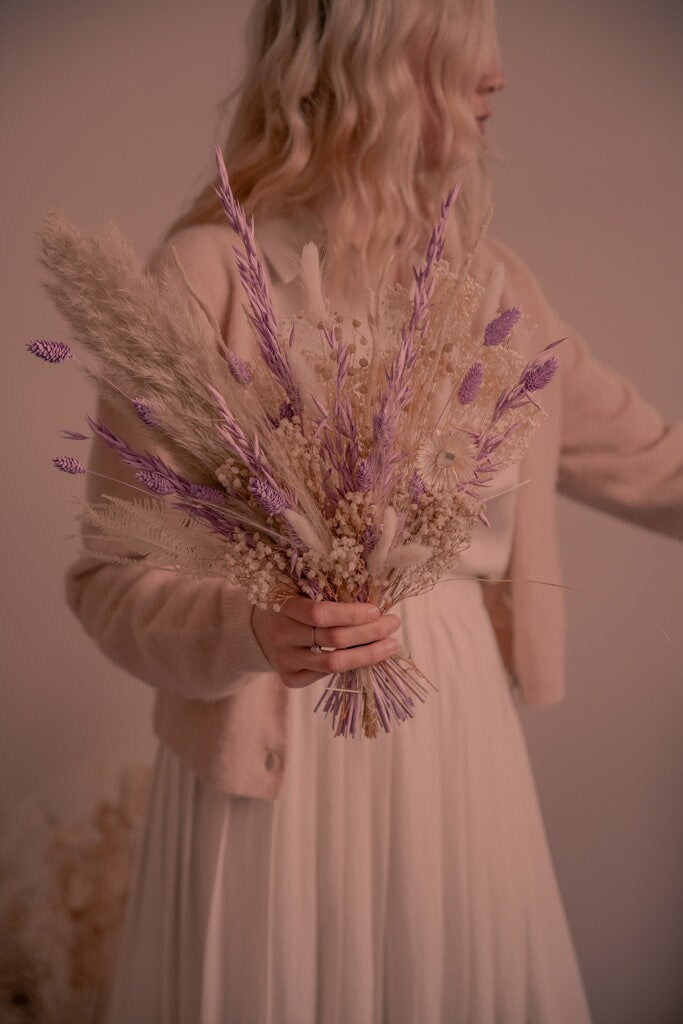 Dried Flowers Vase Arrangement - Sandy Cream & Purple No. 2