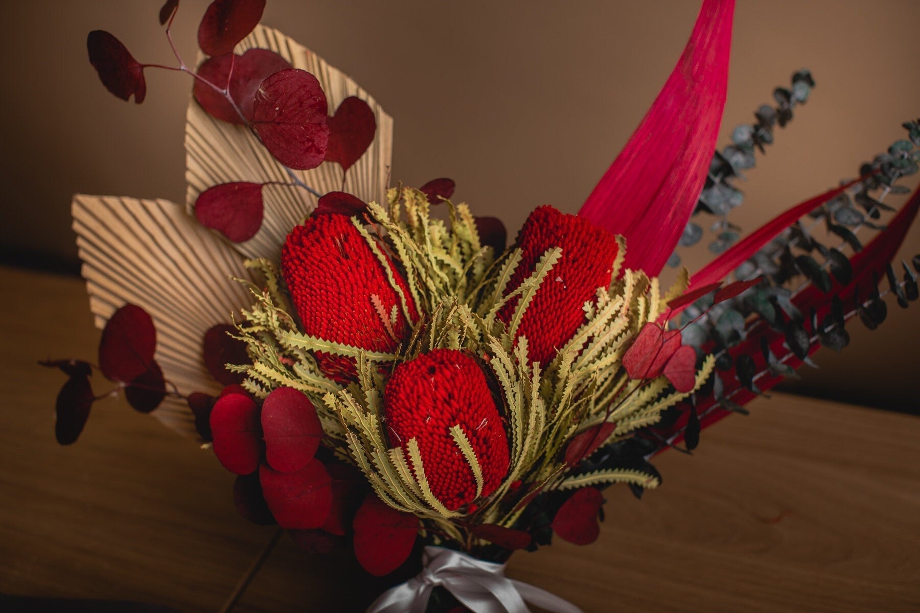 Dried Flowers Vase Arrangement - Scarlet Red & Green