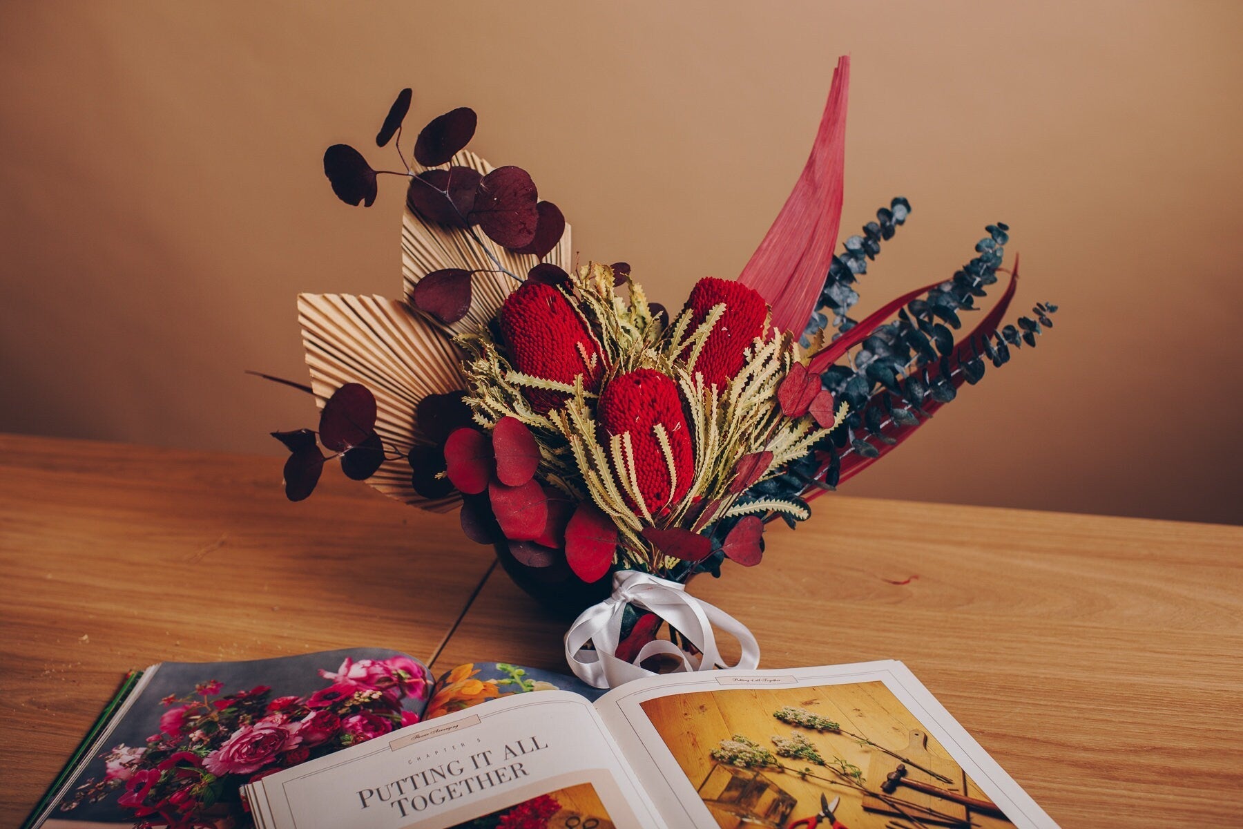 Dried Flowers Vase Arrangement - Scarlet Red & Green