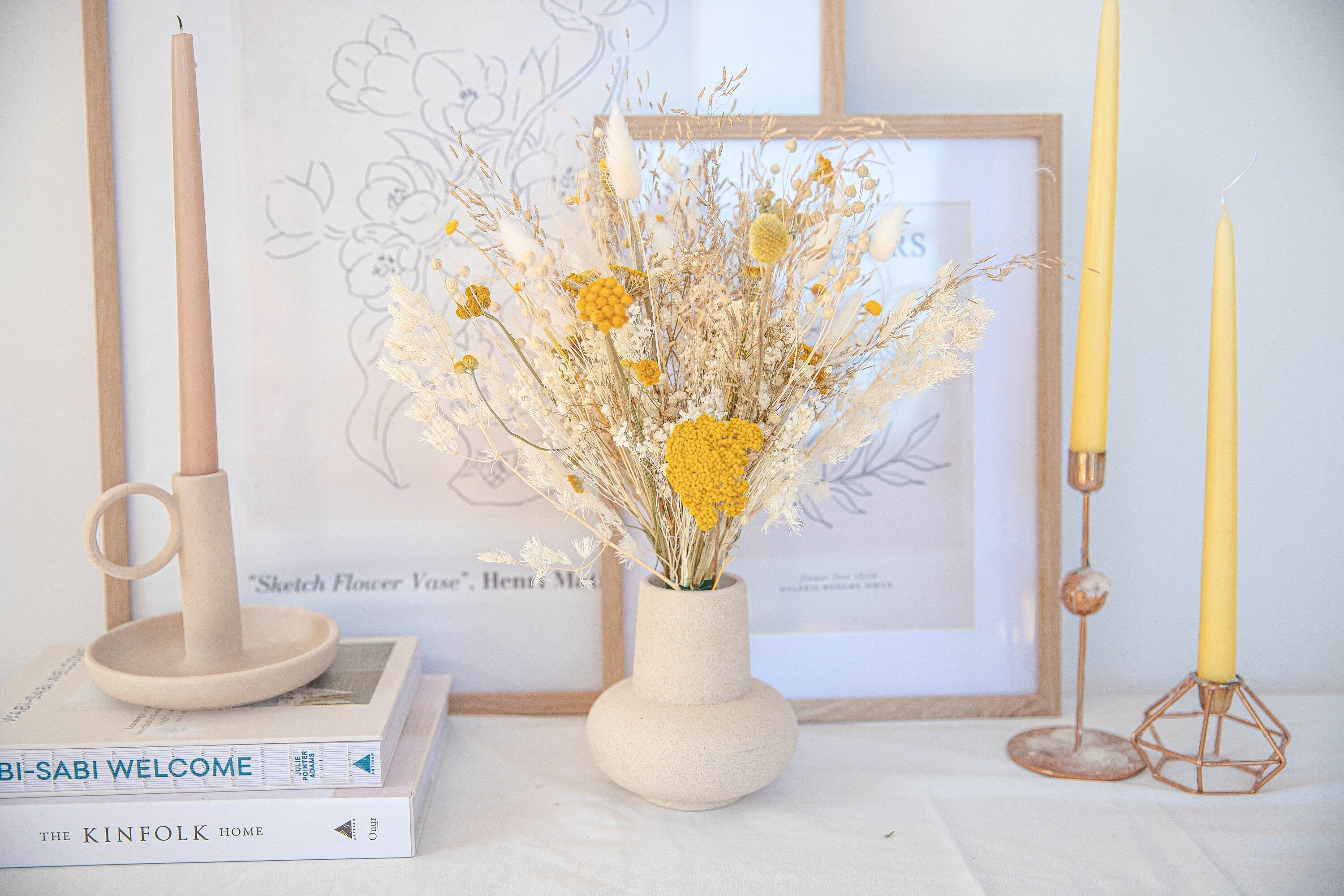 Dried Flowers Vase Arrangement - Snowy White & Yellow