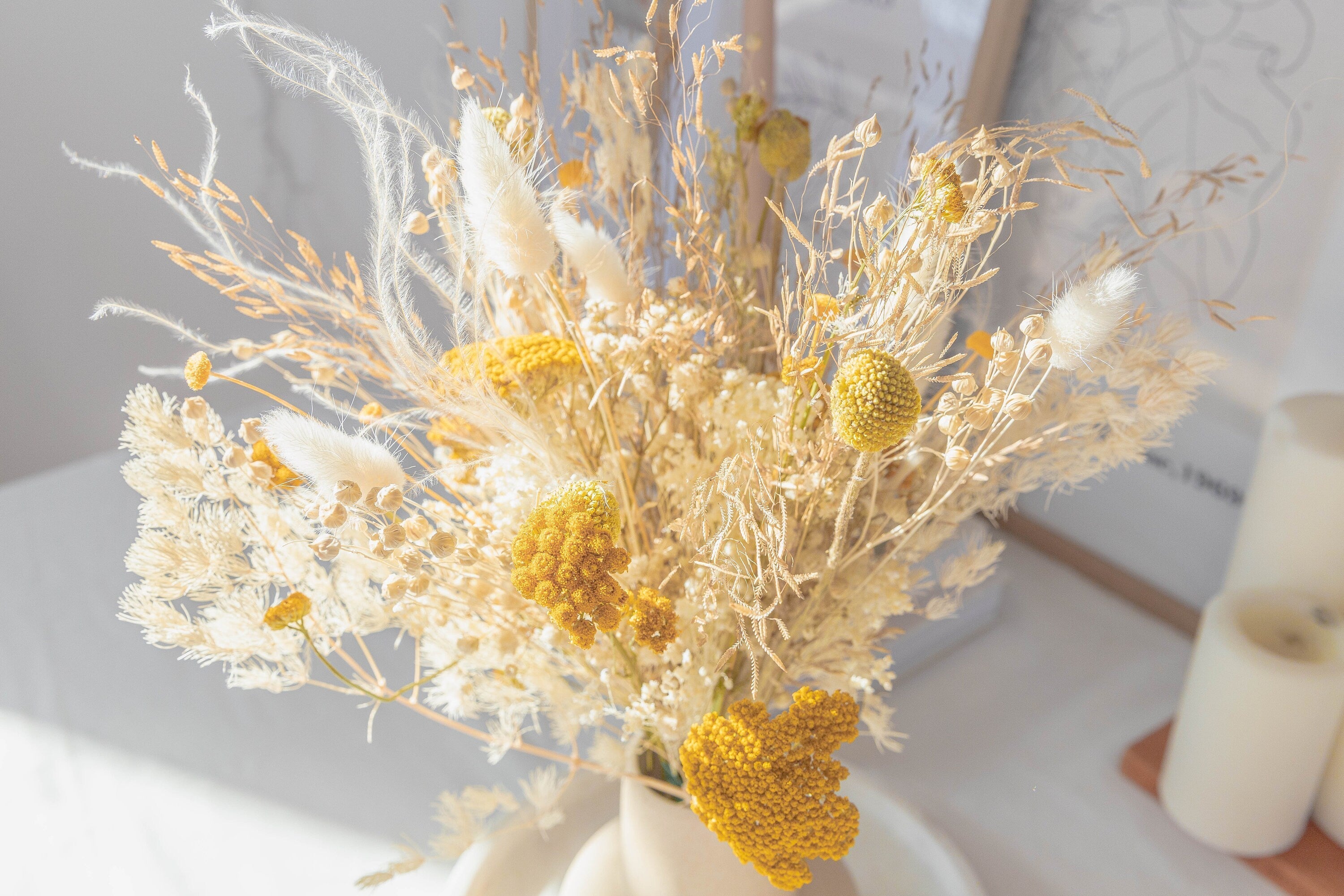 Dried Flowers Vase Arrangement - Snowy White & Yellow